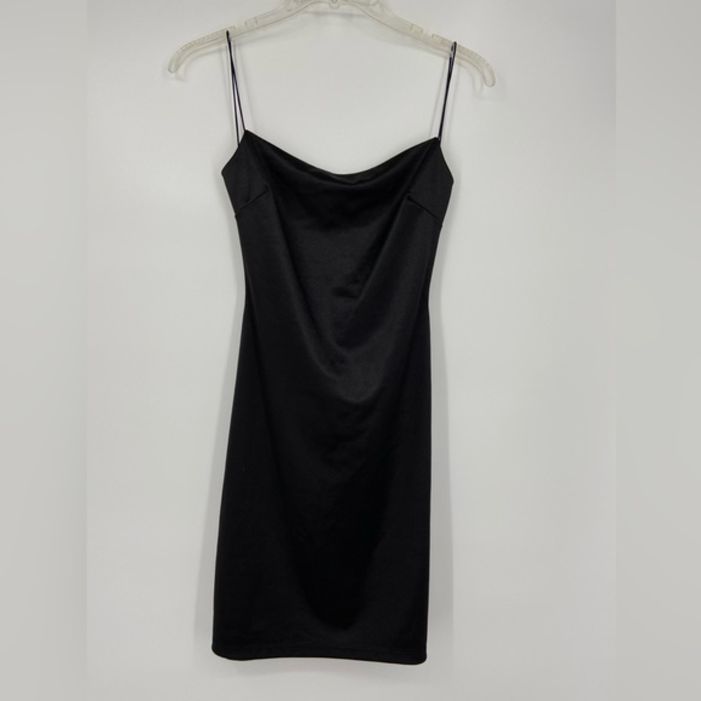 Windsor, Bodycon Black Mini, backless, looks like satin, great tiny straps, sz M